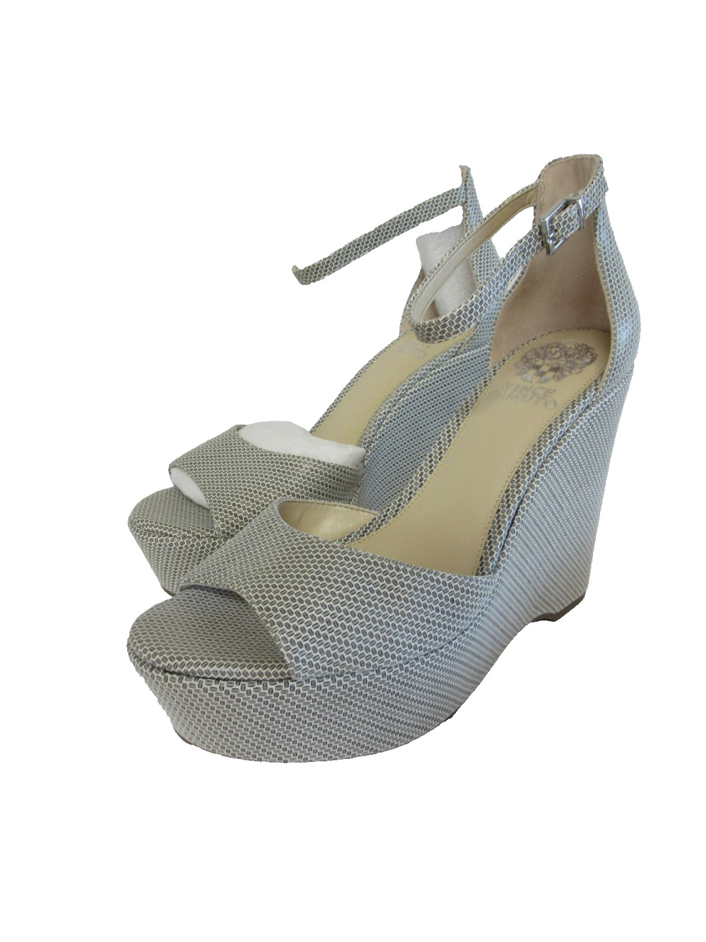 VINCE CAMUTO Tatchen Black & White 8 1/2M Abstract Weave Wedge Open Toe Heels